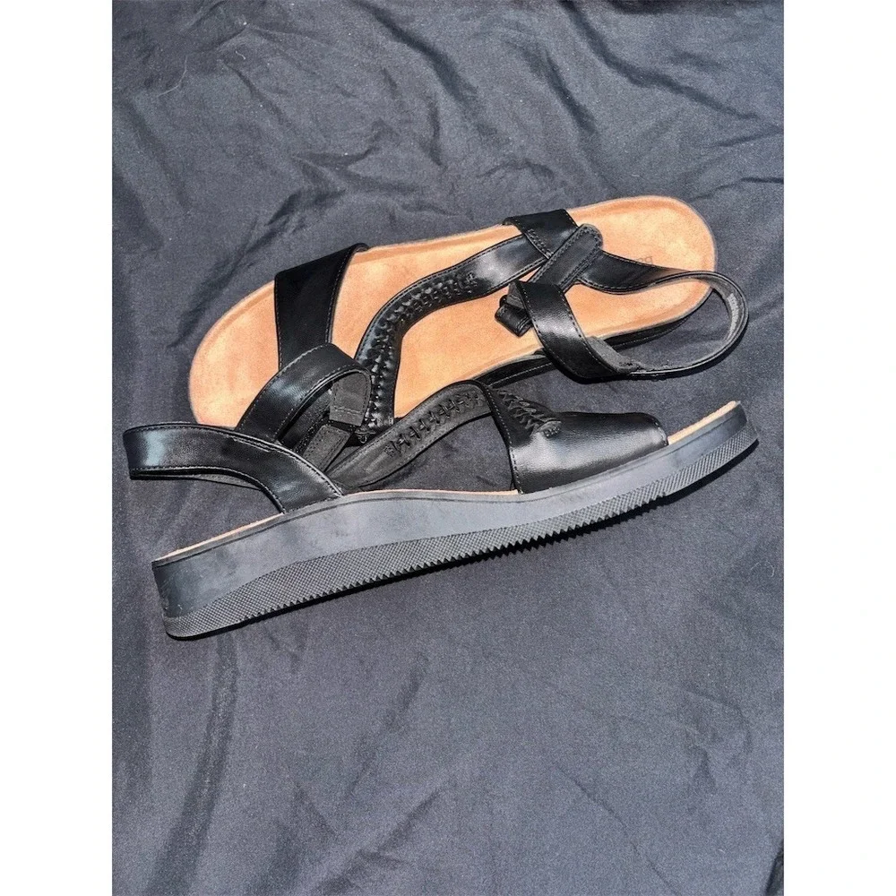 BareTraps Wedge Sandals size 11 Womens Black Ankle Strap Braided Comfort Footbed